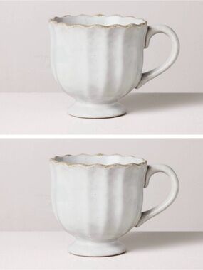 Hearth & Hand **2 Mugs** 12oz Scalloped Edge Ceramic Sour Cream Footed  NWT